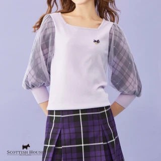 【SCOTTISH HOUSE】方領雪紡格紋五分袖針織-深藍/淺紫(AS1449)