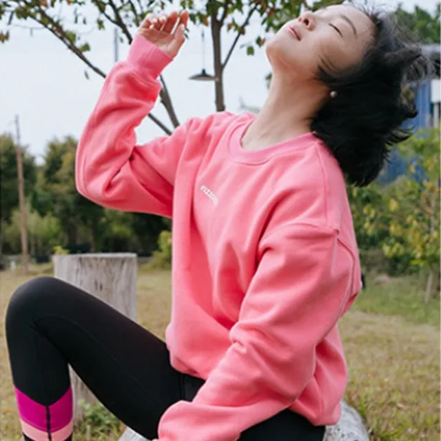 【FIZZCOCO】現貨38 暖絨廓形衛衣 加絨長袖圓領套頭寬鬆休閒跑步健身運動上衣 共2色(糖果粉 藍灰色)