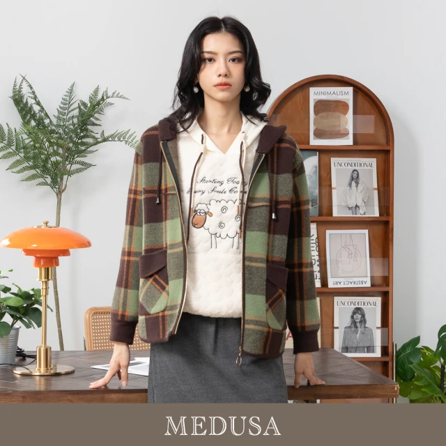 MEDUSA 曼度莎 現貨-綠色毛絨格紋拼色連帽外套（F）｜風衣外套 大外套 冬新品(207-21007)