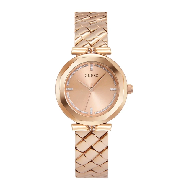 GUESS 玫瑰金色系 晶鑽簡約錶盤 絎縫造型不鏽鋼錶帶 手錶 腕錶(GW0613L3)