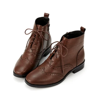 【HERLS】短靴-翼紋沖孔皮革綁帶牛津靴短靴(深棕色)