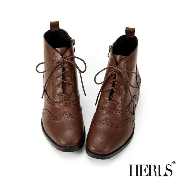 【HERLS】短靴-翼紋沖孔皮革綁帶牛津靴短靴(深棕色)