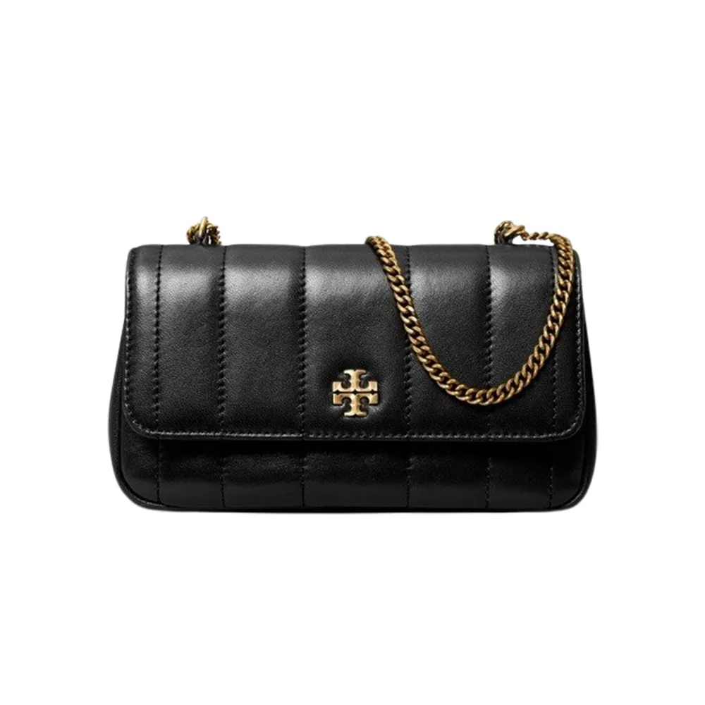 【TORY BURCH】142567 羊皮 黑/金 迷你 Kira(直縫線翻蓋斜背鏈包)