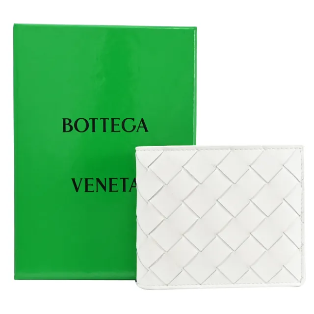 【BOTTEGA VENETA 寶緹嘉】經典手工編織撞色小牛皮雙層8卡對折短夾(白)