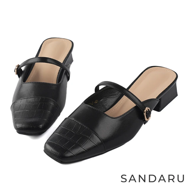 SANDARU 山打努 穆勒鞋 方頭拼接鱷魚紋鬆緊扣拖鞋(黑)