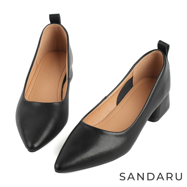 SANDARU 山打努 跟鞋 尖頭素面日常粗跟鞋(黑)優惠推