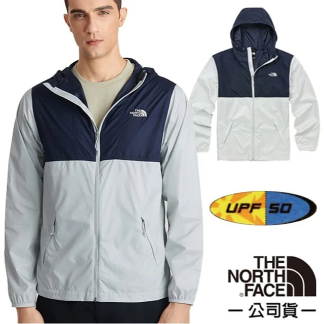 The North Face 男 WindWall 防風防潑水可調節連帽外套.風衣.休閒夾克(7QP1-50A 灰/藍色拼接 N)