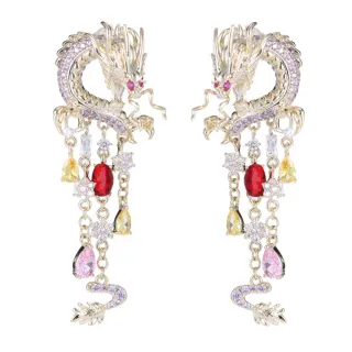 【ANGEL】雲彩盤龍流蘇晶鋯石鑲鑽耳環(金色)