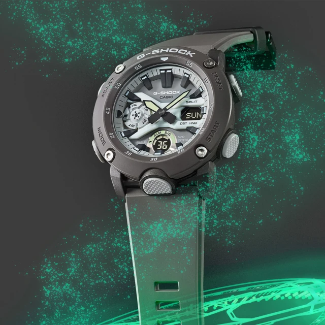 CASIO 卡西歐 G-SHOCK 綠色光芒 霧面灰 時尚雙顯腕錶(GA-2000HD-8A)