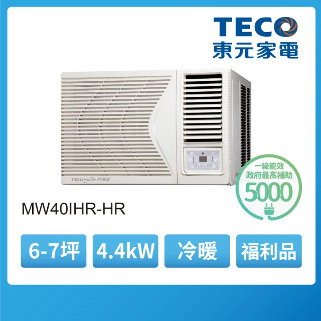 【TECO 東元】福利品 ★6-7坪R32一級變頻冷暖右吹窗型冷氣(MW40IHR-HR)