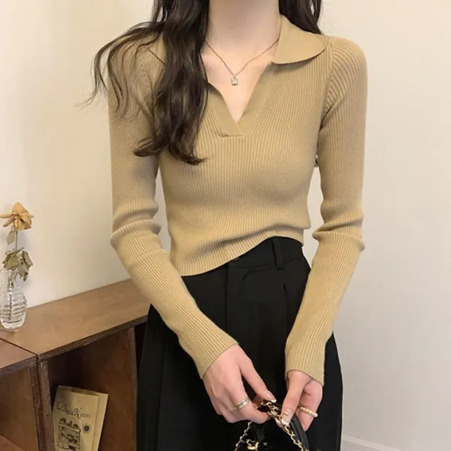 【D.studio】韓版設計感V領打底針織上衣(長袖上衣 女裝 衣服 寬鬆上衣 顯瘦上衣 長袖t恤 W288)