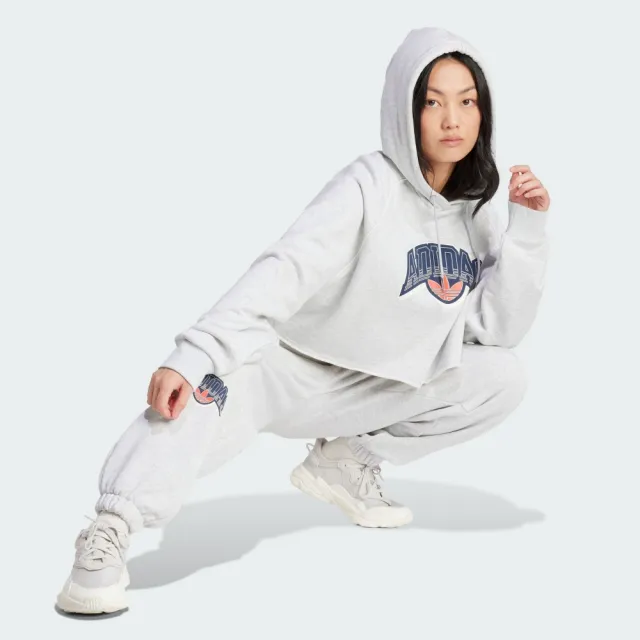 【adidas 愛迪達】上衣 女款 長袖上衣 帽T 運動 CS CROP HOODIE 灰 IS2319