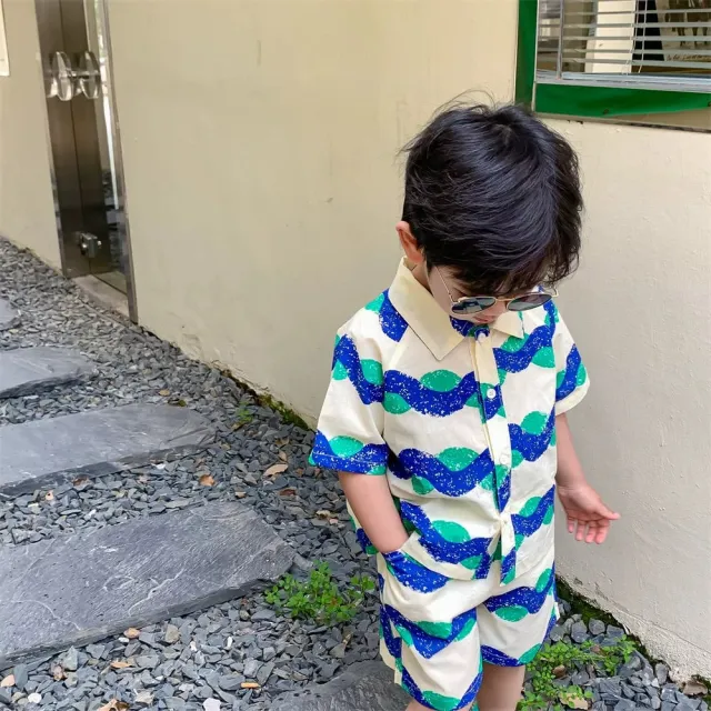 【安朵童舖】現貨韓版兒童短袖渡假風襯衫套裝男寶兩件式襯衫上衣短褲男童花襯衫短袖套裝(016/04/12)