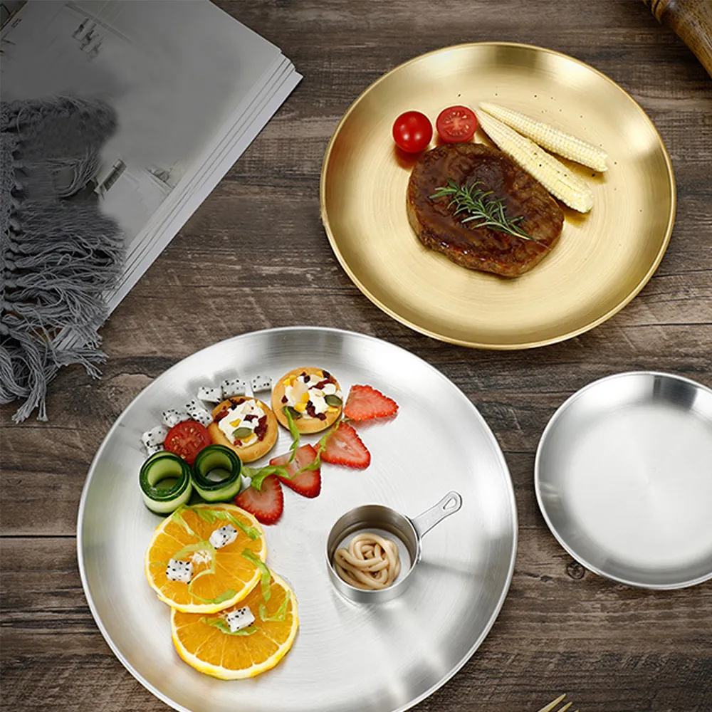 【日日好事】韓式不銹鋼鐵盤 不銹鋼圓盤 不鏽鋼餐盤 水果盤 烤肉盤(圓盤 露營盤子 露營盤 肉盤 鐵盤)