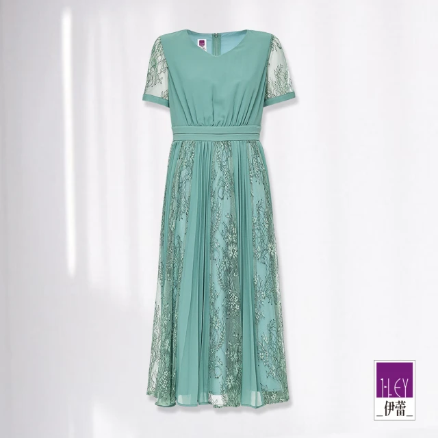 ILEY 伊蕾 花卉蕾絲壓摺長洋裝(綠色；M-L；12426