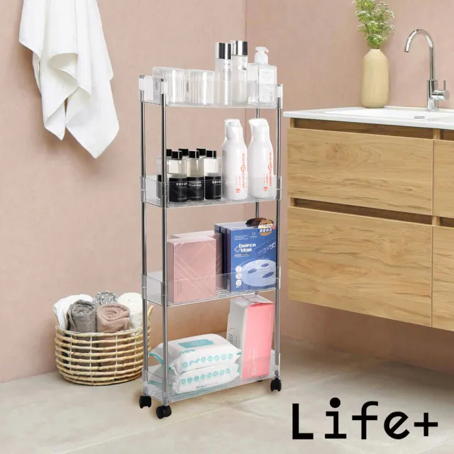 【Life+】現代簡約多功能多層透明收納推車/化妝品收納架/置物架_18cm三層(收納架 小推車 透明置物架)