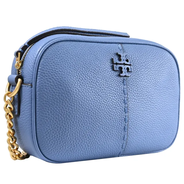 【TORY BURCH】簡約經典雙T LOGO荔枝皮革方包相機包斜背包(藍)
