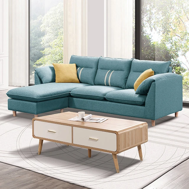 BODENBODEN 奧蘿拉L型水藍色布面獨立筒沙發-附抱枕(貴妃椅型)