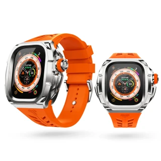 【Y24】Apple Watch 49mm 不鏽鋼防水保護殼 銀錶殼/橘錶帶
