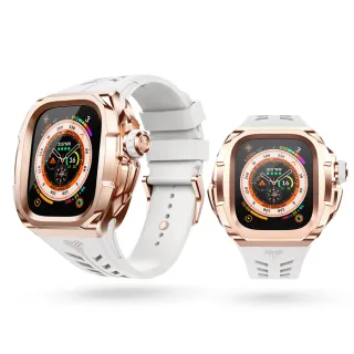 【Y24】Apple Watch 49mm 不鏽鋼防水保護殼 玫瑰金錶殼/白錶帶