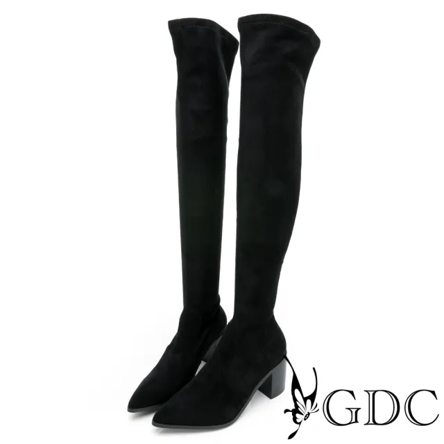 【GDC】性感風潮素色尖頭粗跟過膝高跟靴-黑色(128851-00)