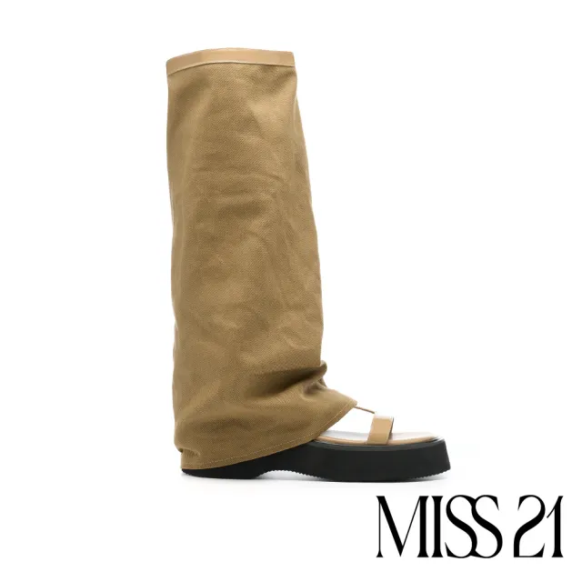 【MISS 21】帥氣性格異材質拼接側拉鍊寬筒帆布襪套厚底羅馬涼鞋(駝)