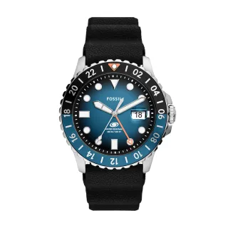 【FOSSIL 官方旗艦館】Fossil Blue 漸層藍海GMT指針手錶 黑色矽膠錶帶 46MM FS6049