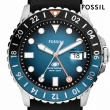 【FOSSIL 官方旗艦館】Fossil Blue 漸層藍海GMT指針手錶 黑色矽膠錶帶 46MM FS6049