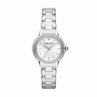 【EMPORIO ARMANI 官方直營】Mia 極光銀白環鑽女錶 銀色不鏽鋼錶帶手錶 32MM AR11596