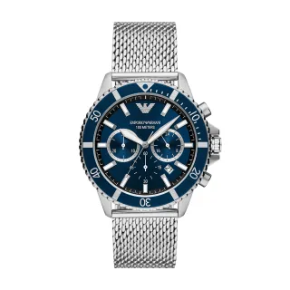 【EMPORIO ARMANI 官方直營】Diver 蔚海風尚潛水造型手錶 銀色不鏽鋼錶帶 43.5MM AR11587