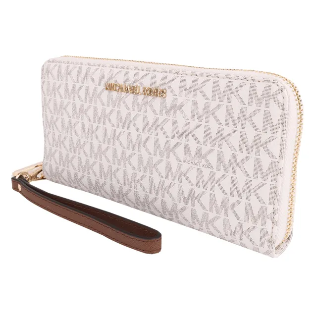 【Michael Kors】金字滿版防刮LOGO掛帶拉鍊長夾(白)
