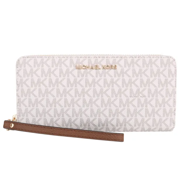 【Michael Kors】金字滿版防刮LOGO掛帶拉鍊長夾(白)