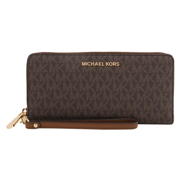 【Michael Kors】金字滿版防刮LOGO掛帶拉鍊長夾(深咖)