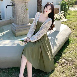 【Lydia】現貨 休閒套裝 兩件式套裝 洋裝套裝 背心裙+鏤空罩衫(綠+米白 Free)