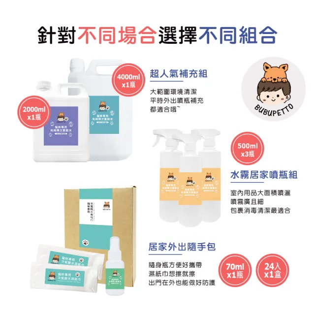 【BUBUPETTO】養貓必備清潔用免稀釋次氯酸水-家用瓶x1瓶+隨身瓶x1瓶+濕紙巾x1盒(寵物 環境 器皿 用品)