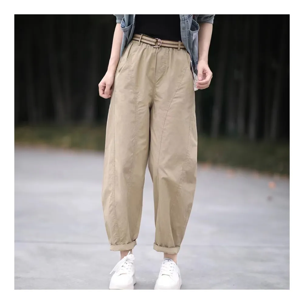 【ACheter】薄款香蕉褲寬鬆顯瘦遮胯藏肉鬆緊腰哈倫長褲#120702(卡其/米/綠)