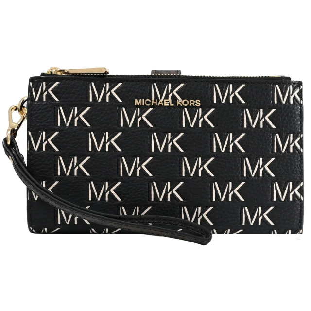 Michael Kors 經典MK LOGO印花手提式雙拉鍊手機袋長夾(黑)