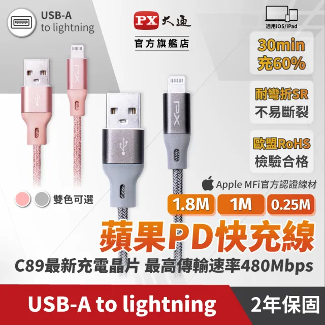 【PX 大通】UAL-0.25P USB-A to Lightning 快速充電傳輸線 0.25米 灰色/粉色(蘋果 APPLE Lightning 接頭)