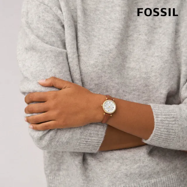 【FOSSIL 官方旗艦館】Carlie系列 復古迷戀環鑽女錶 真皮錶帶指針手錶 28MM(2色可選)