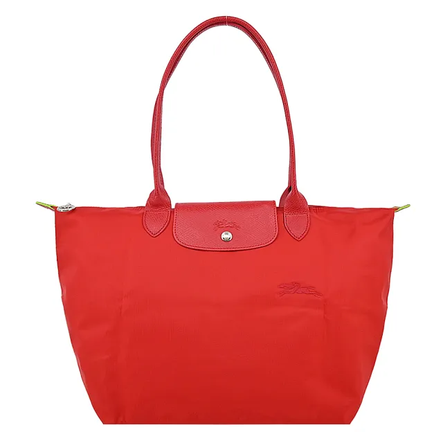 【LONGCHAMP】LE PLIAGE GREEN系列刺繡長把再生尼龍摺疊水餃包(大/番茄紅)