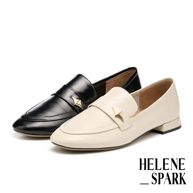 【HELENE_SPARK】時尚菱形釦牛油皮樂福低跟鞋(米)