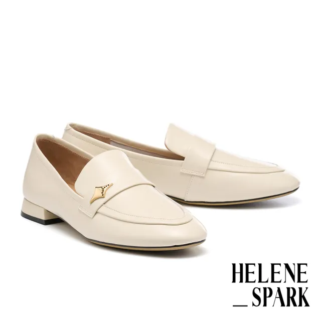 【HELENE_SPARK】時尚菱形釦牛油皮樂福低跟鞋(米)