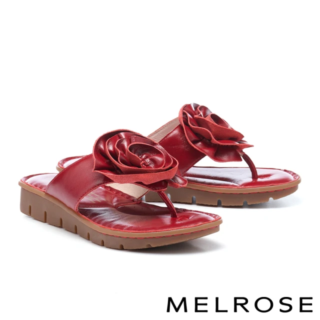 MELROSE 美樂斯 質感花朵造型全真皮夾腳厚底拖鞋(紅)