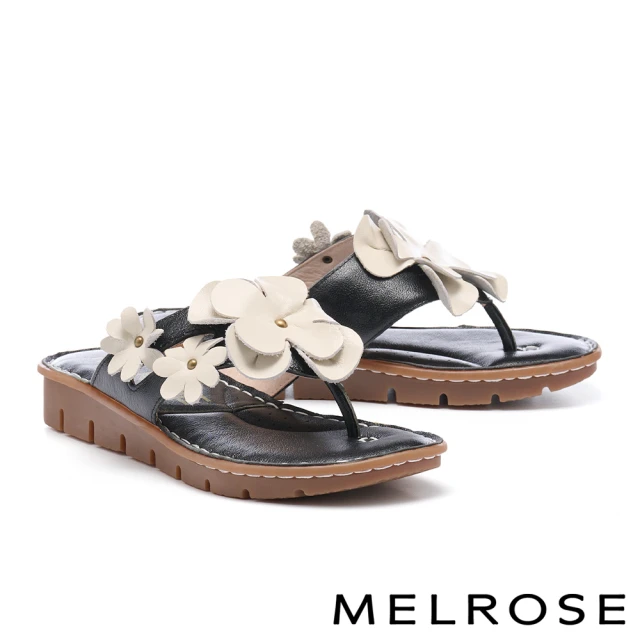 MELROSEMELROSE 美樂斯 綻放立體花朵造型全真皮夾腳厚底拖鞋(黑)