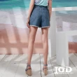 【IGD 英格麗】速達-網路獨賣款-個性仿裙排釦抽鬚牛仔短褲(藍色)