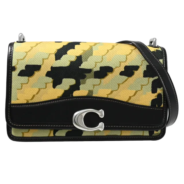 【COACH】金屬C字LOGO撞色斜紋翻蓋肩斜三用斜背包(黑邊)