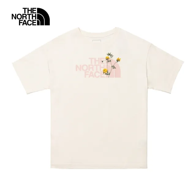 【The North Face】北面女款米白色大尺寸品牌LOGO花卉印花寬鬆短袖T恤｜88G6QLI