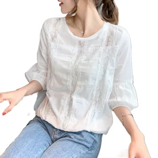 【CHACO】/預購/女 春夏甜美蕾絲七分燈籠袖小個子白色上衣#982 偏小版(蕾絲 白色上衣 娃娃衫 小個子)