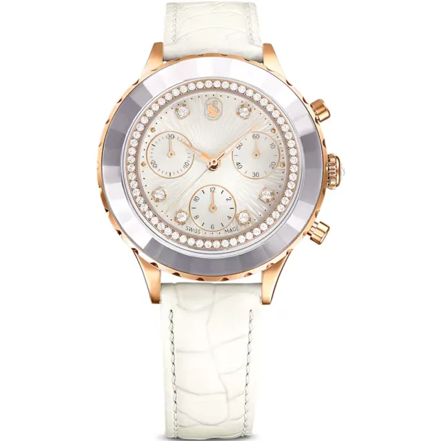 【SWAROVSKI 施華洛世奇】計時 皮帶 石英 腕錶(白-5671150/灰-5671153/綠-5672931)