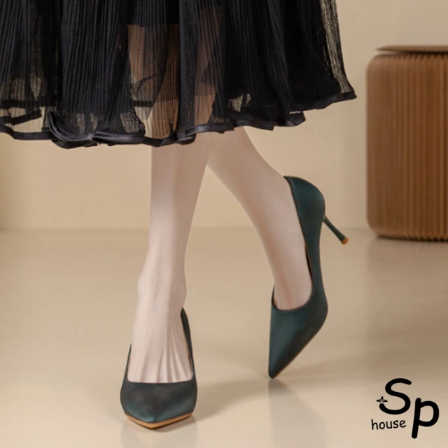 Sp house 方型金屬幾何綢緞都會時尚粗低跟鞋(2色可選